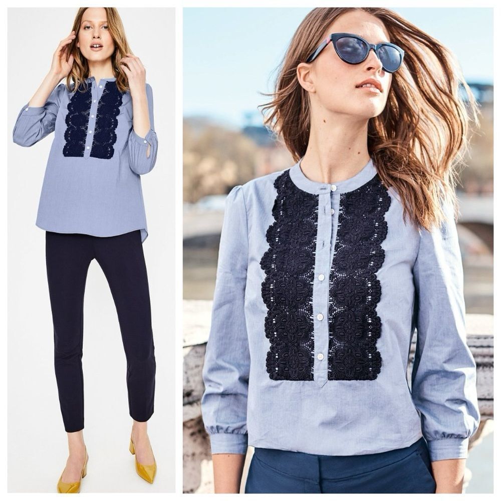 Boden Liliana Lace Trim Chambray Popover Blouse Sz 4